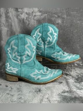 Cowgirl Boots Womens 7 Turquoise Short Embroidered Western Festival Rodeo Boho